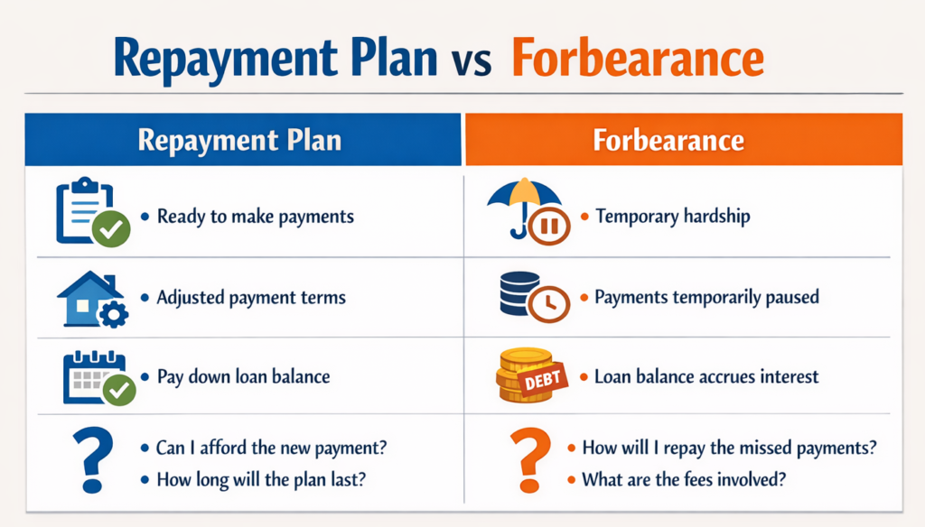 Gwinnett County mortgage help graphic comparing repayment plan vs forbearance in Georgia