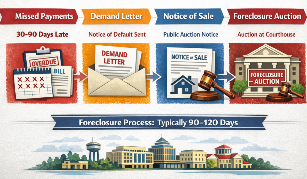 Gwinnett County Georgia foreclosure timeline infographic showing steps before auction Title: Gwinnett County Foreclosure Timeline