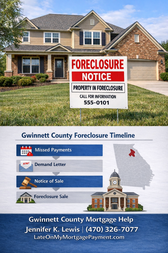 Gwinnett County Georgia foreclosure timeline showing missed payments, demand letter, notice of sale, and foreclosure sale