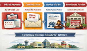 Gwinnett County Georgia foreclosure timeline infographic showing steps before auction Title: Gwinnett County Foreclosure Timeline