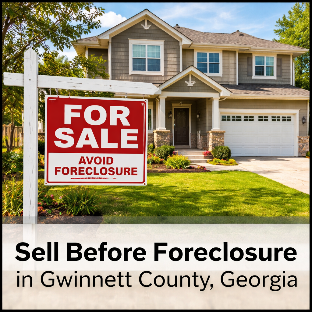 Home for sale sign outside a house in Gwinnett County Georgia before foreclosure